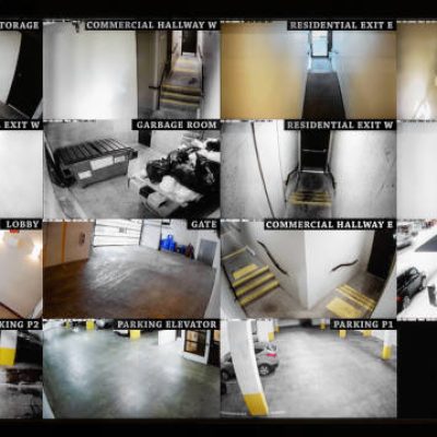 Small high end system of residential, commercial or strata building. Parking, gate, garbage and recycling room, staircase and hallway.