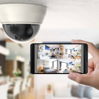 hand holding 3d rendering mobile connect with security camera